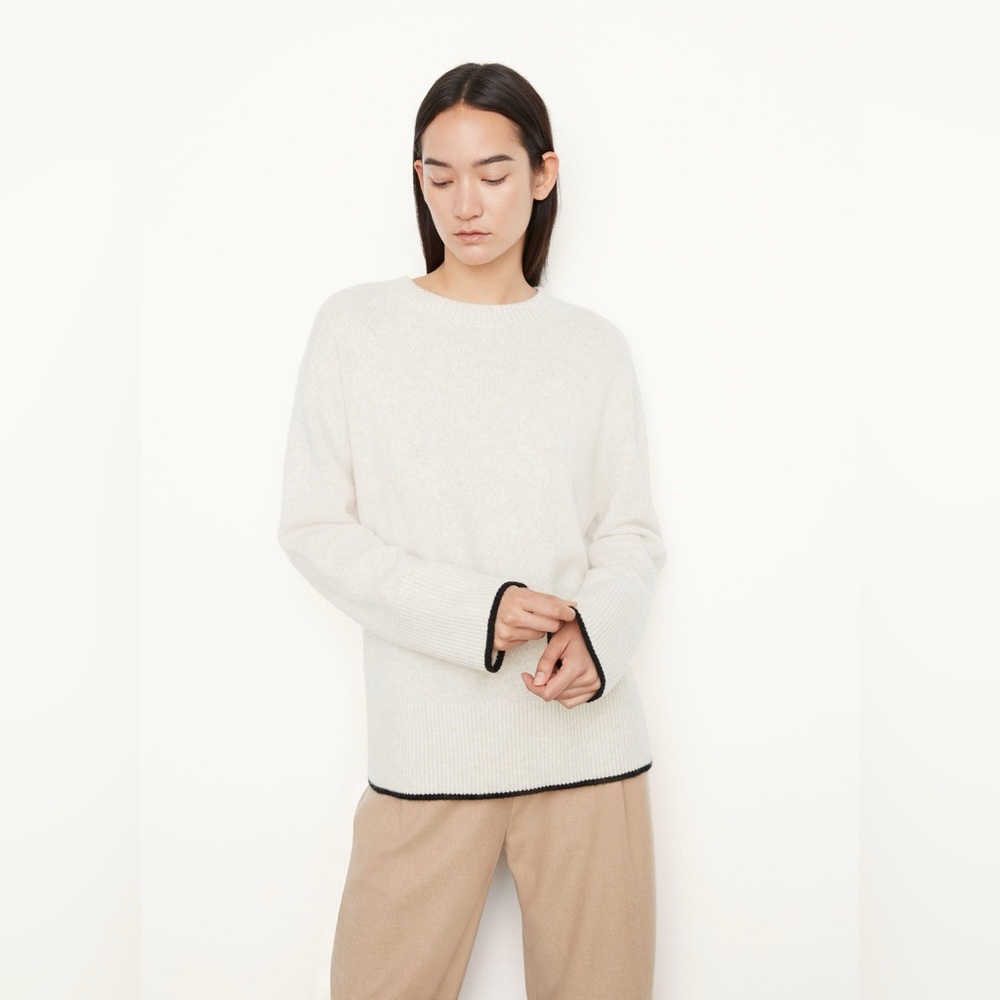 NWT $525 Vince Crew Neck Monogram Cashmere Sweater with Contrast Tipping